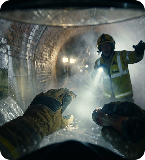 Rescuer reaches toward trapped worker inside flooded tunnel.