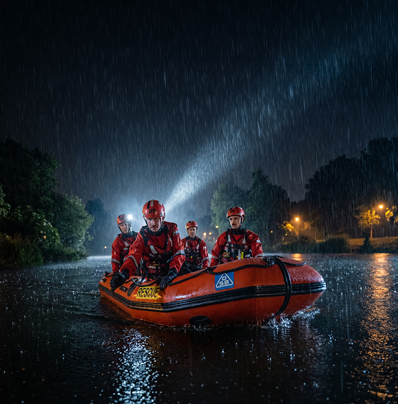 Rescue team navigates floodwaters in inflatable boat during heavy rain.