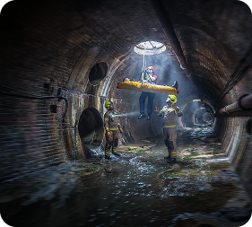 Rescue workers in a flooded sewer tunnel lift a stretcher through a sunlit overhead access opening.
