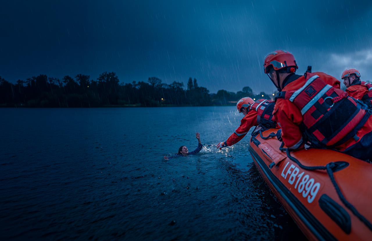Rescue team navigates floodwaters in inflatable boat during heavy rain.